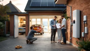 Homeowners talk with an installer beside an unbranded home battery on a UK semi's exterior, solar panels visible on the roof.