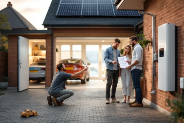 Homeowners talk with an installer beside an unbranded home battery on a UK semi's exterior, solar panels visible on the roof.