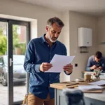 Homeowner studies a blurred approval letter with a home battery on the hallway wall and an EV wallbox visible outside.
