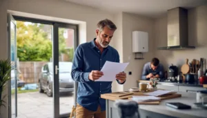 Homeowner studies a blurred approval letter with a home battery on the hallway wall and an EV wallbox visible outside.