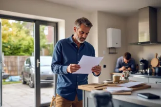 Homeowner studies a blurred approval letter with a home battery on the hallway wall and an EV wallbox visible outside.