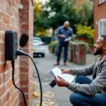 Homeowner plugs hatchback into wallbox on a red‑brick UK terrace while holding folded grant paperwork.