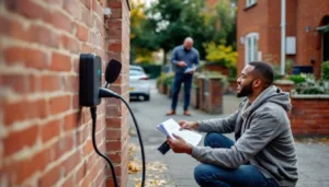 Homeowner plugs hatchback into wallbox on a red‑brick UK terrace while holding folded grant paperwork.