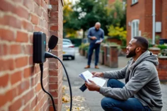 Homeowner plugs hatchback into wallbox on a red‑brick UK terrace while holding folded grant paperwork.