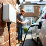 Close-up Type 2 EV plug mid-insert with homeowner holding blurred payback printout; home battery visible inside utility room.