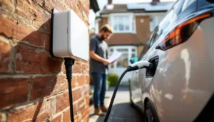 Close-up Type 2 EV plug mid-insert with homeowner holding blurred payback printout; home battery visible inside utility room.