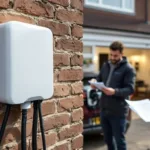 Electrician fastening a white home EV wallbox on a UK driveway; homeowner holds a printed quote nearby.