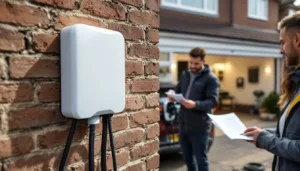 Electrician fastening a white home EV wallbox on a UK driveway; homeowner holds a printed quote nearby.