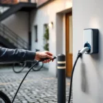 Tenant plugs Type 2 cable into outdoor wallbox in Berlin Altbau courtyard next to compact battery unit