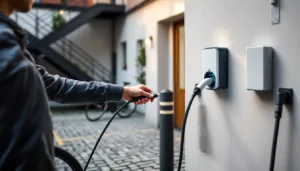 Tenant plugs Type 2 cable into outdoor wallbox in Berlin Altbau courtyard next to compact battery unit