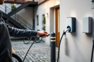 Tenant plugs Type 2 cable into outdoor wallbox in Berlin Altbau courtyard next to compact battery unit