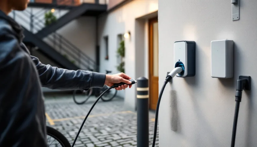 Tenant plugs Type 2 cable into outdoor wallbox in Berlin Altbau courtyard next to compact battery unit