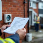 Homeowner's hands holding installer safety checklist by a wallbox and parked EV, installer blurred in background.