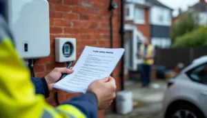 Homeowner's hands holding installer safety checklist by a wallbox and parked EV, installer blurred in background.