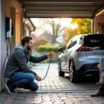 Homeowner in garage comparing a yellow domestic plug and a wallbox charging cable beside an unbadged EV.