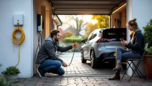 Homeowner in garage comparing a yellow domestic plug and a wallbox charging cable beside an unbadged EV.