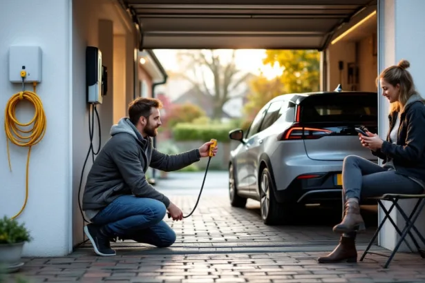 Homeowner in garage comparing a yellow domestic plug and a wallbox charging cable beside an unbadged EV.
