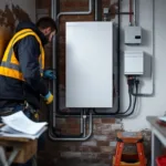 Home battery mid‑installation in UK utility with new trunking, consumer unit and scaffolding outside.