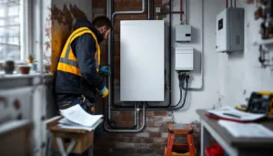 Home battery mid‑installation in UK utility with new trunking, consumer unit and scaffolding outside.