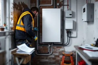 Home battery mid‑installation in UK utility with new trunking, consumer unit and scaffolding outside.