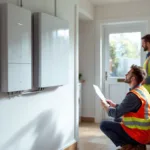 Utility room: wall‑mounted home battery with installer checking isolation switch while homeowner watches.