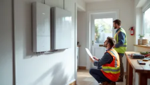Utility room: wall‑mounted home battery with installer checking isolation switch while homeowner watches.