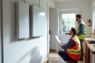 Utility room: wall‑mounted home battery with installer checking isolation switch while homeowner watches.