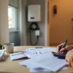 Hands filling an energy savings worksheet at a kitchen table with a home battery and EV wallbox visible in the background.