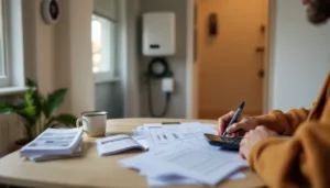 Hands filling an energy savings worksheet at a kitchen table with a home battery and EV wallbox visible in the background.