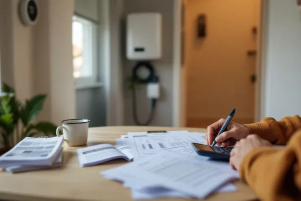 Hands filling an energy savings worksheet at a kitchen table with a home battery and EV wallbox visible in the background.