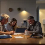 Couple calculating home battery size at kitchen table with installer checking a wall-mounted battery in the utility room.