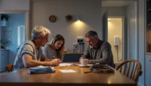 Couple calculating home battery size at kitchen table with installer checking a wall-mounted battery in the utility room.