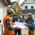 Homeowner, adviser and installer inspect a new heat pump; solar panel on roof and battery in garage visible.