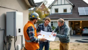 Homeowner, adviser and installer inspect a new heat pump; solar panel on roof and battery in garage visible.