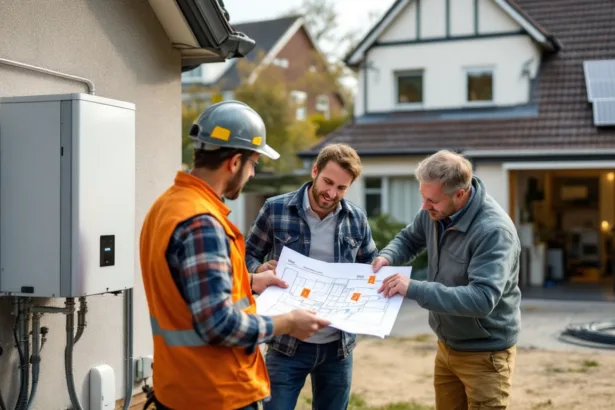 Homeowner, adviser and installer inspect a new heat pump; solar panel on roof and battery in garage visible.