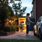 Homeowner plugs Type 2 cable into EV at dusk; wallbox and home battery visible in open garage.