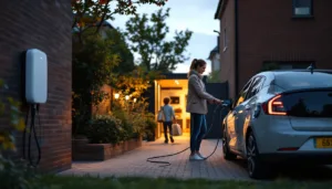 Homeowner plugs Type 2 cable into EV at dusk; wallbox and home battery visible in open garage.