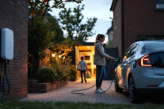 Homeowner plugs Type 2 cable into EV at dusk; wallbox and home battery visible in open garage.