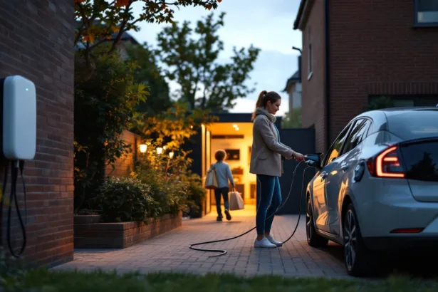 Homeowner plugs Type 2 cable into EV at dusk; wallbox and home battery visible in open garage.