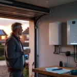 Homeowner gestures to a wall‑mounted home battery in a dusk garage, solar panels visible on the roof outside.