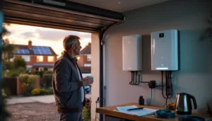 Homeowner gestures to a wall‑mounted home battery in a dusk garage, solar panels visible on the roof outside.
