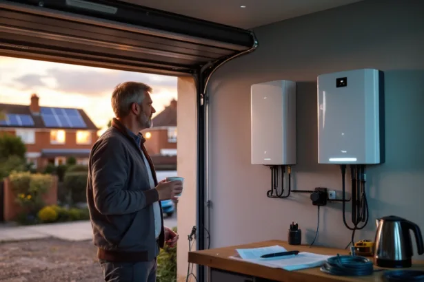 Homeowner gestures to a wall‑mounted home battery in a dusk garage, solar panels visible on the roof outside.