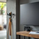Homeowner's hands near a wall-mounted home battery in a UK garage, EV charger and blurred paperwork on bench.