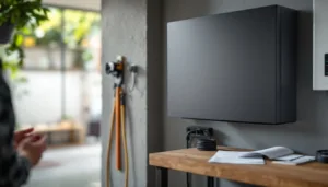 Homeowner's hands near a wall-mounted home battery in a UK garage, EV charger and blurred paperwork on bench.