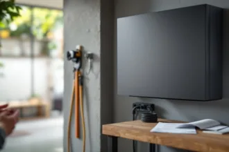 Homeowner's hands near a wall-mounted home battery in a UK garage, EV charger and blurred paperwork on bench.