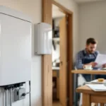 Home battery unit in foreground, homeowner at table checking grant paperwork in a UK kitchen.