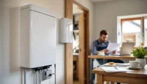 Home battery unit in foreground, homeowner at table checking grant paperwork in a UK kitchen.
