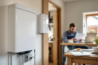 Home battery unit in foreground, homeowner at table checking grant paperwork in a UK kitchen.