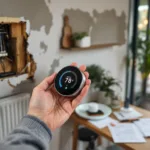 Homeowner holds an unbranded round smart thermostat over an exposed wall and radiator, paperwork and battery unit on the tabl