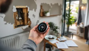 Homeowner holds an unbranded round smart thermostat over an exposed wall and radiator, paperwork and battery unit on the tabl